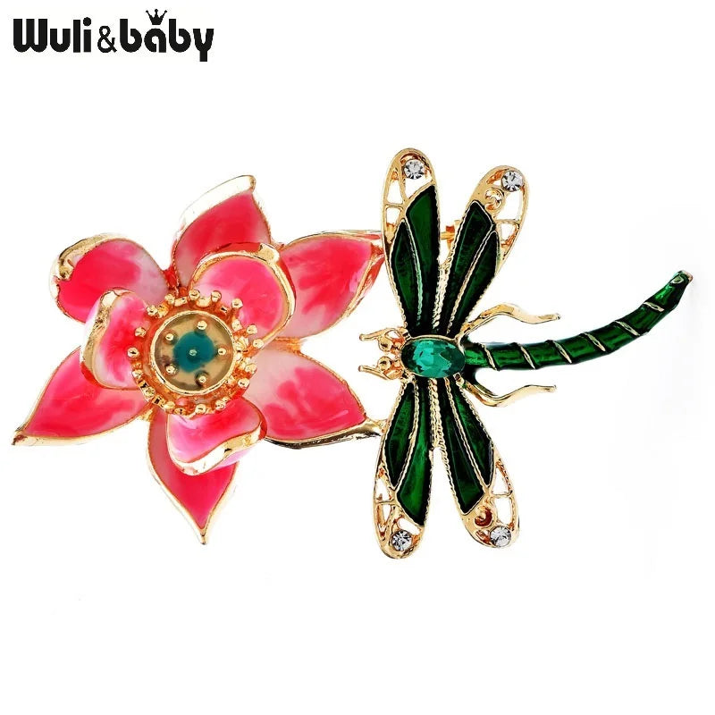 Wuli&baby Beautiful Lotus Flower Dragonfly Brooches For Women Elegant Enamel Flowers And Insects Party Office Brooch Pins Gifts