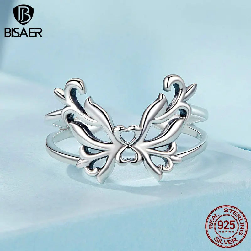 BISAER Bague ouverte en argent sterling 925 en forme de papillon - Taille réglable : 5 à 9 - Plaqué or blanc - Pour femme - Bijou de fête