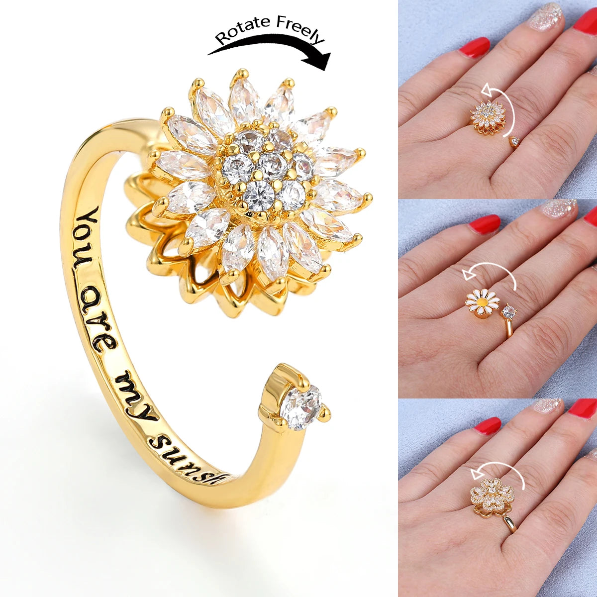 Anillos antiestrés y ansiedad para mujer, de acero inoxidable, chapados en oro, giratorios, con forma de sol, estrella, mal de ojo, girasol