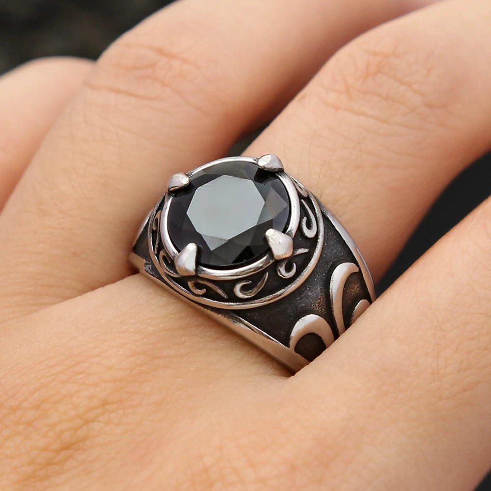 Fashion Vintage Stainless Steel Black Stone Rings For Men Women Stainless Steel Engraved Flowers Ring Punk Party Jewelry Gifts