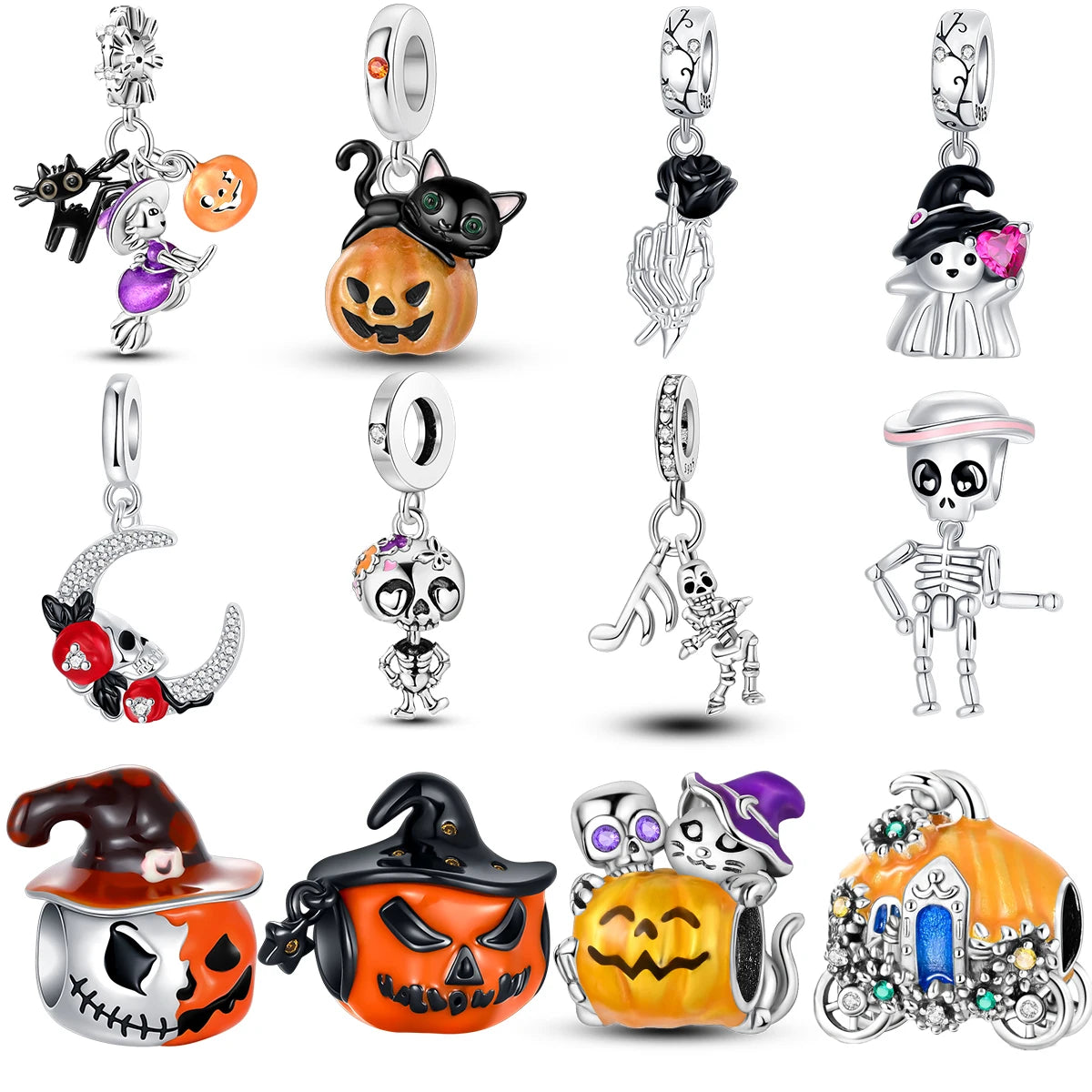 New 925 Sterling Silver Pumpkin Skull Cat Rose Halloween Beads Charms Fit Original Pandora Bracelets Women Jewelry DIY Gift