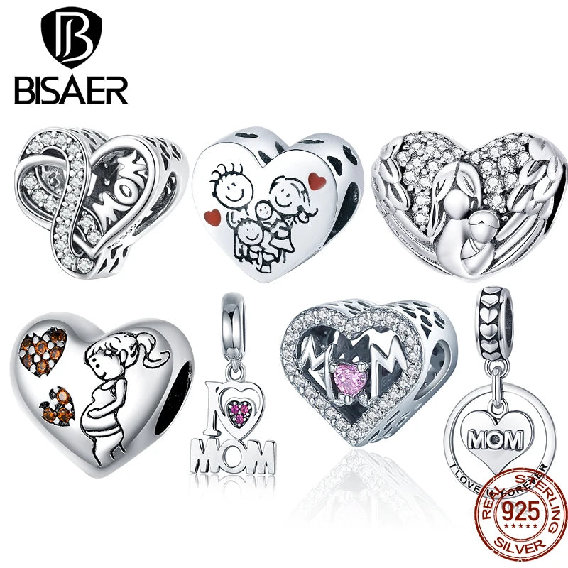 BISAER 925 Sterling Silver Family Heart Pendant Mom Charms Bead Fit Women Bracelet & Necklace DIY Fine Jewelry Mother's Day Gift