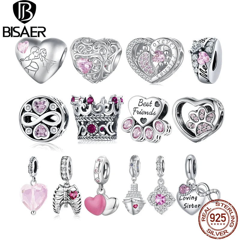 BISAER 925 Sterling Silver Pink Series Charm Heart Safety Chain Bead Pendant Fit Bracelets Mother's Day Lovers Fine Jewelry Gift