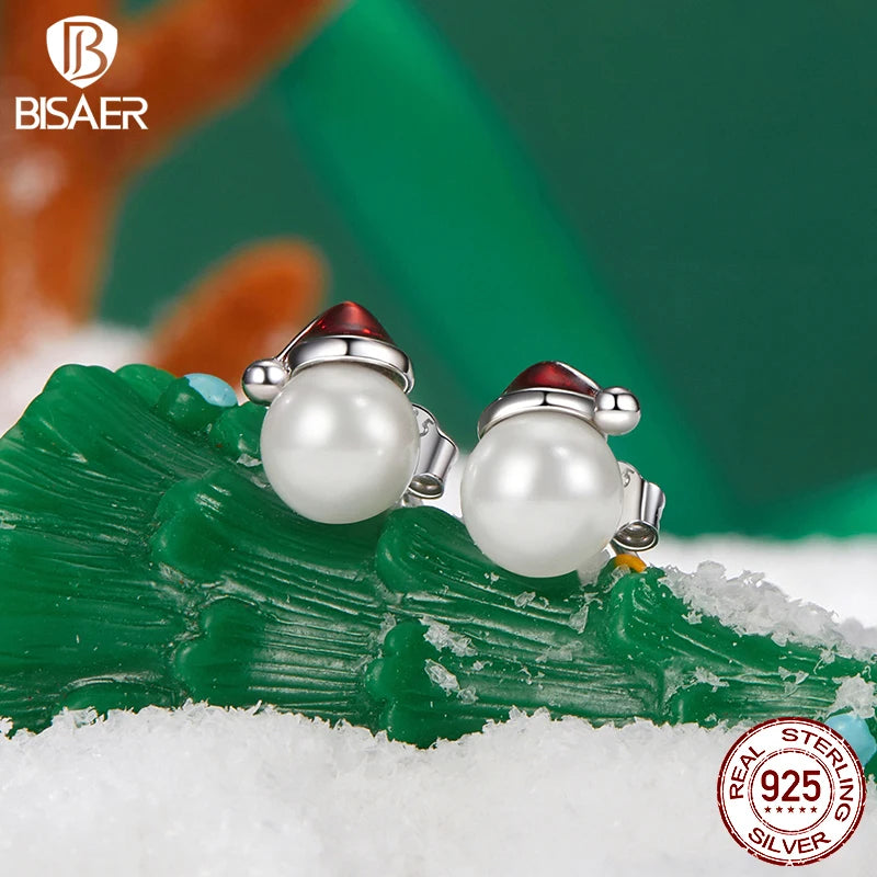 BISAER 925 Sterling Silver Cute Christmas Hat Pearl Stud Earrings Red Enamel Process for Women Fine Jewelry Holiday Gift EFE1094