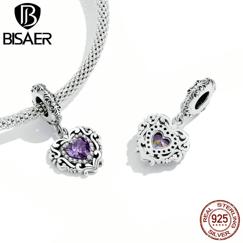 BISAER 925 Sterling Silver Moon Tassel Vintage Texture Purple CZ Charm Monternet Pearl Pendant Fit DIY Bracelet Necklace Jewelry