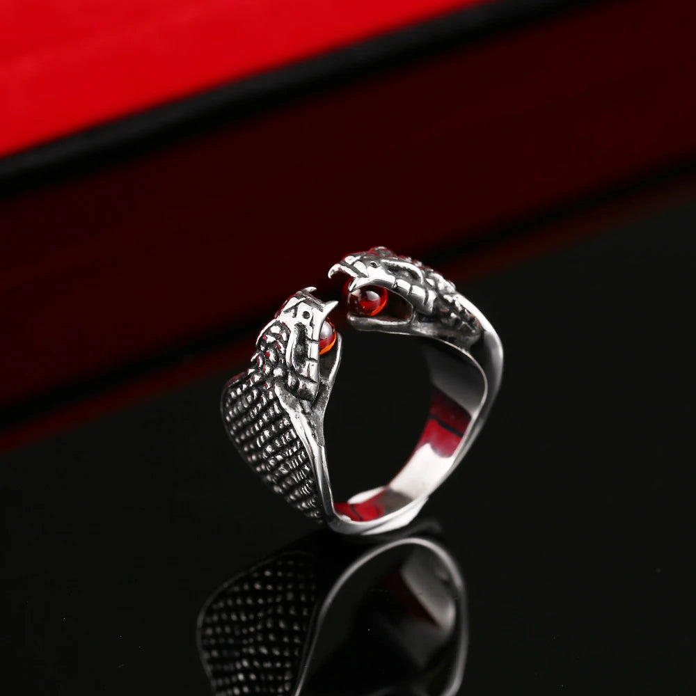 Punk Red Stone Animal Snake Ring For Men Women Gothic King Cobra Opening Adjustable Ring Stainless Steel Jewelry Gift Wholesale