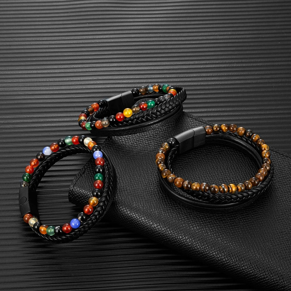 MKENDN Fashion Multilayer Leather Bracelet Men 7 Chakra Colorful Beads Bracelets Stainless Steel Magnetic Clasp Jewelry Gifts