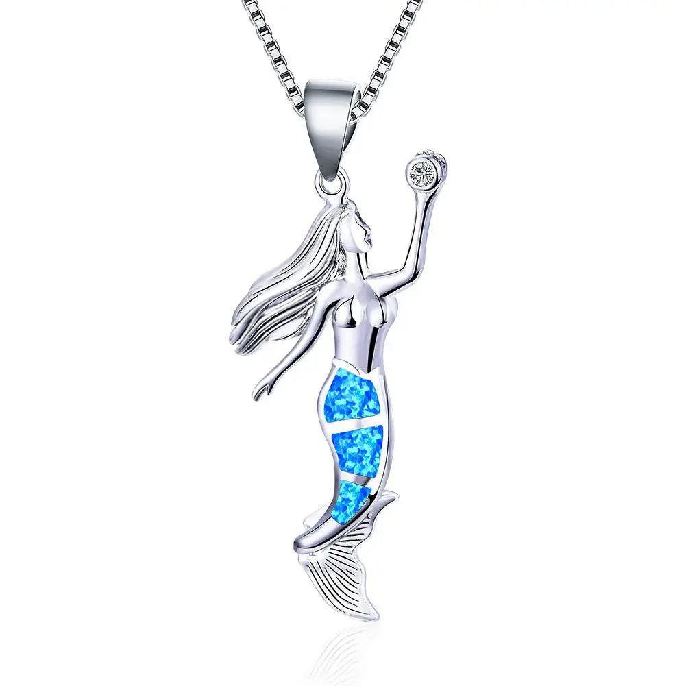 New Hawaiian Island Opal Mermaid Pendant Necklace For Teen Girls Fashion Jewelry Long Chain Necklace