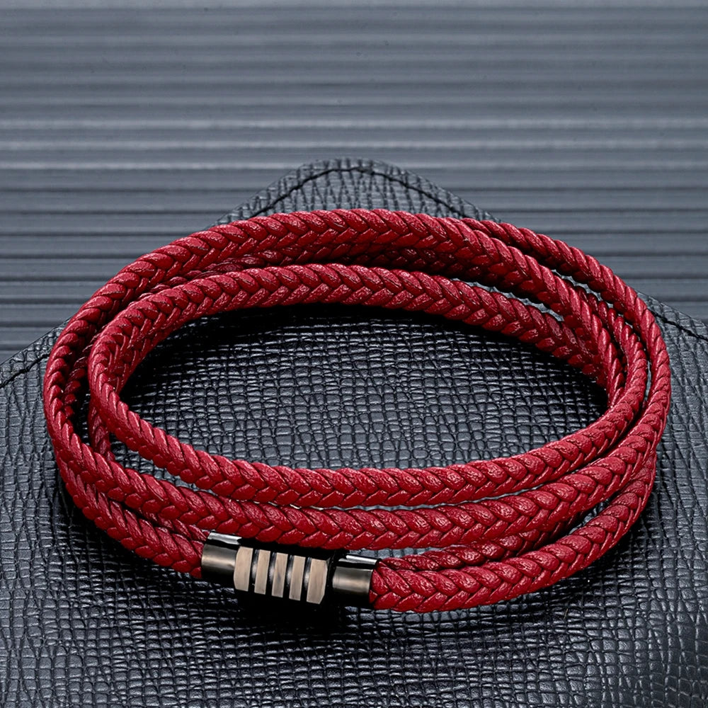 MKENDN Fashion Braided Rope Woven Multilayer Genuine Leather Bracelets Men Punk Black Stainless Steel Bangle Handmade Jewelry