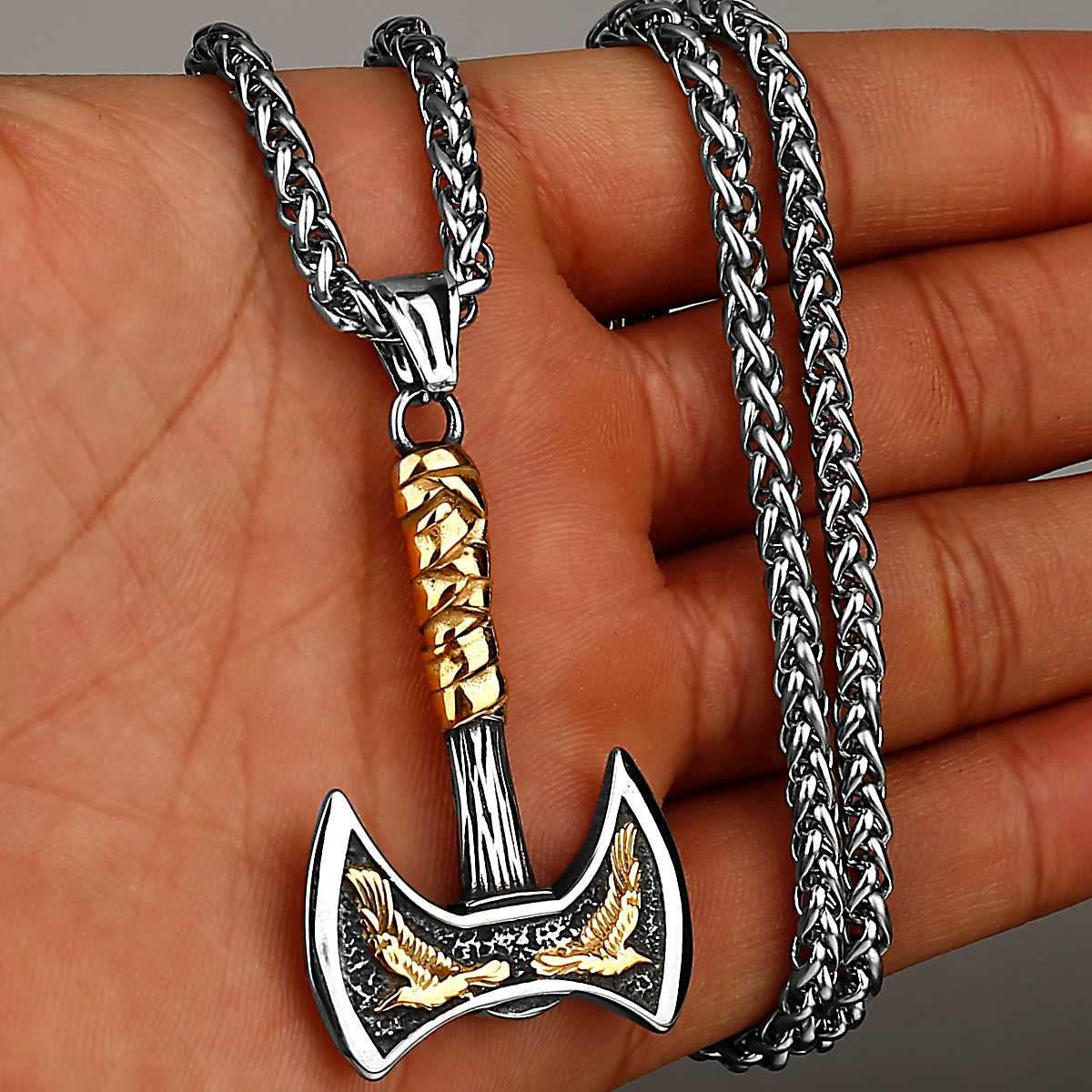 Viking Odin Raven Double Axe Necklace Mixed Gold Color Stainless Steel Pendant Men's Scandinavian Jewelry Party Club Gift