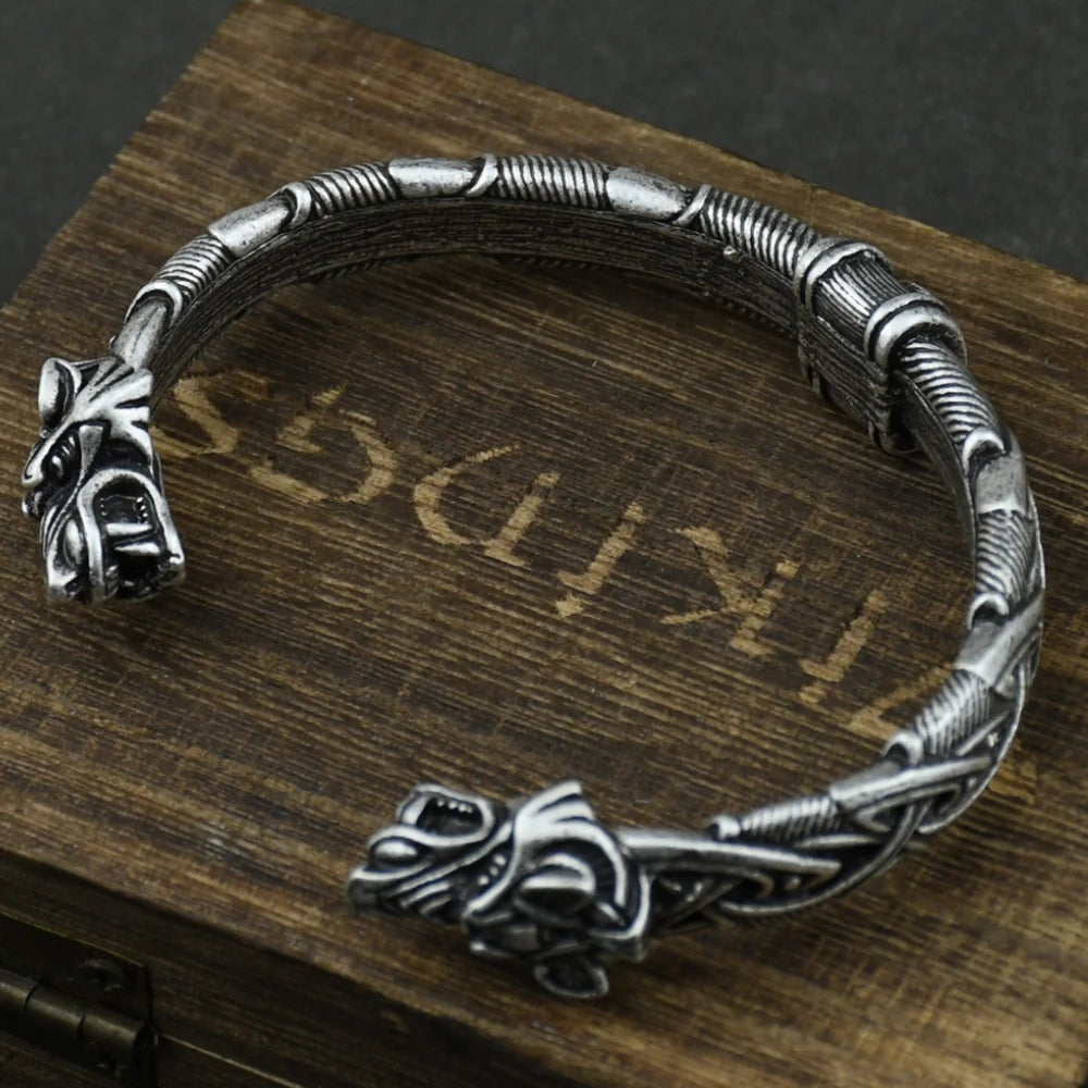 Nordisches Wikinger-Armband mit Wolfskopf, Herrenarmband, Manschettenarmbänder, Wikinger-Armband für Männer und Frauen, Talisman