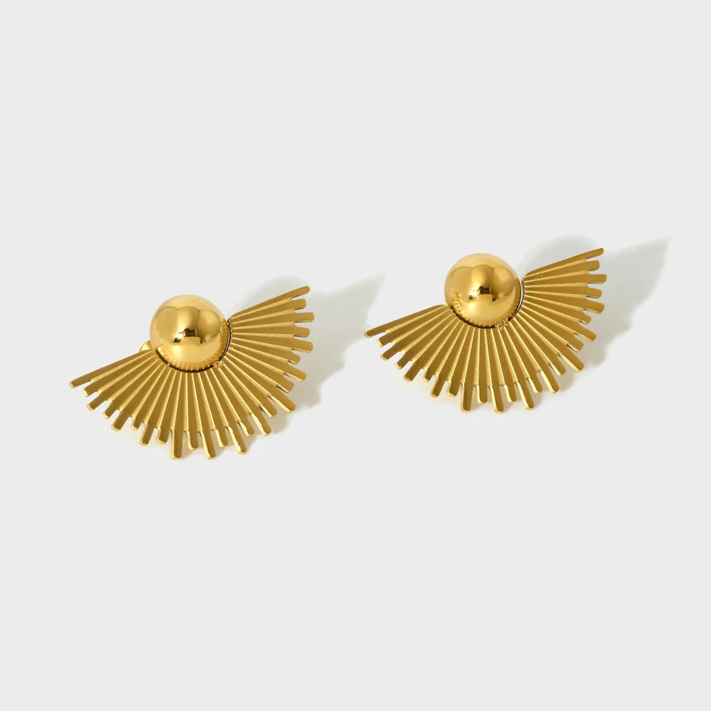 New Arrival 16k Gold Plated Stainless Steel Ray Scallop Stud Earrings for Women Texture Personality Earrings Waterproof Jewelry