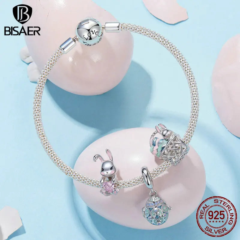 BISAER 100% 925 Sterling Silver Easter Charm Bead Cute Rabbit Lucky Egg Pendant Fit Women DIY Bracelet Fine Jewelry Gift EFC997