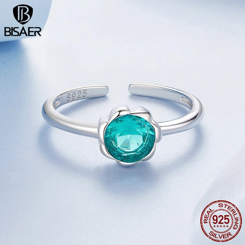 BISAER 925 Sterling Silver Flower Open Ring Green Glass Flowers Band Plated White Gold for OL Women Party Fine Jewelry Gift