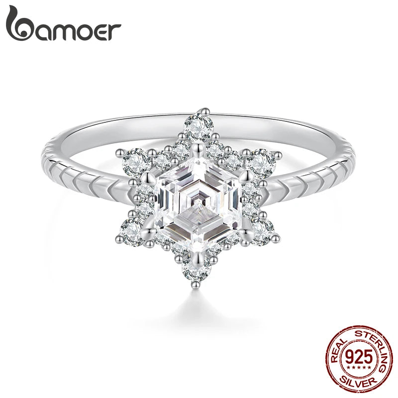 Bague en argent sterling 925 BAMOER en forme de flocon de neige, plaquée or blanc, bijoux délicats et élégants