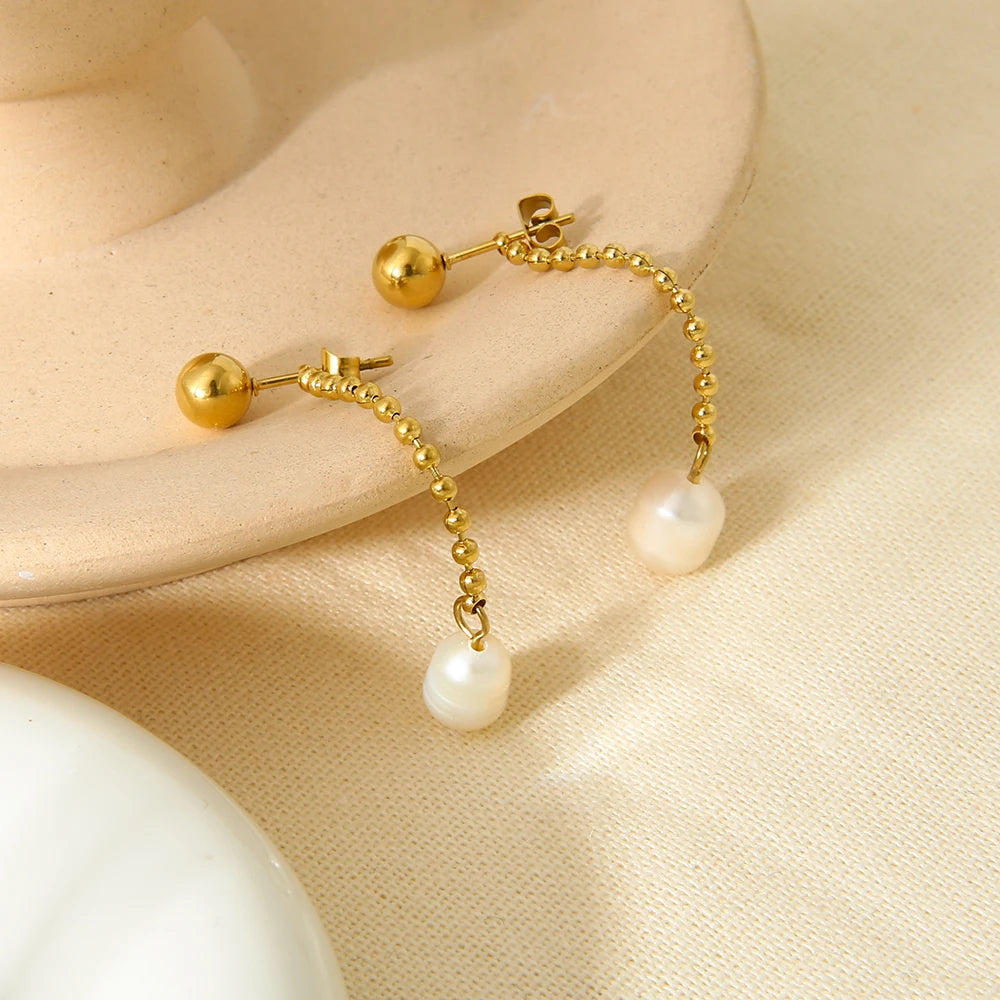 New Trend Stainless Steel Beads Chain Freshwater Pearl Drop Stud Earrings Dainty Dual Purpose Earring Women Jewelry Gift