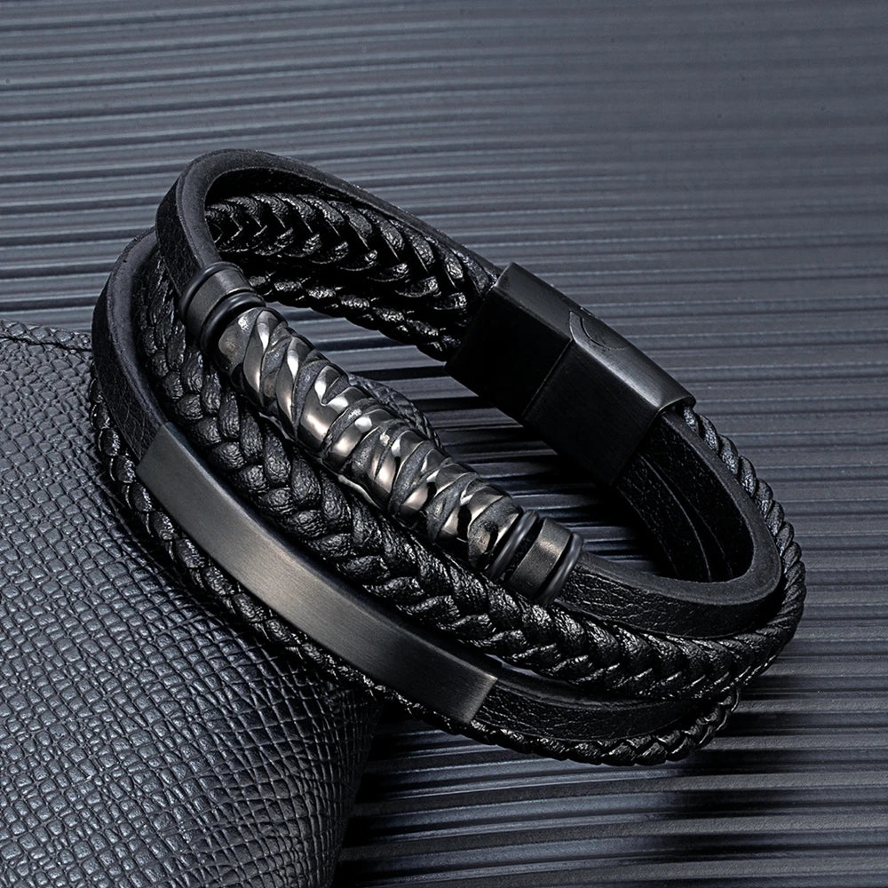 MKENDN Multilayer Stainless Steel Viking Leather Bracelets for Men Braided Bangles Punk Jewelry Homme Accessories