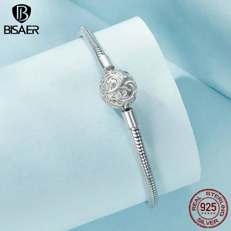 BISAER 925 Sterling Silver Retro Palace Pattern Basic Bracelet Round Bangle Fit Original Charms Bead DIY Jewelry Party Birthday