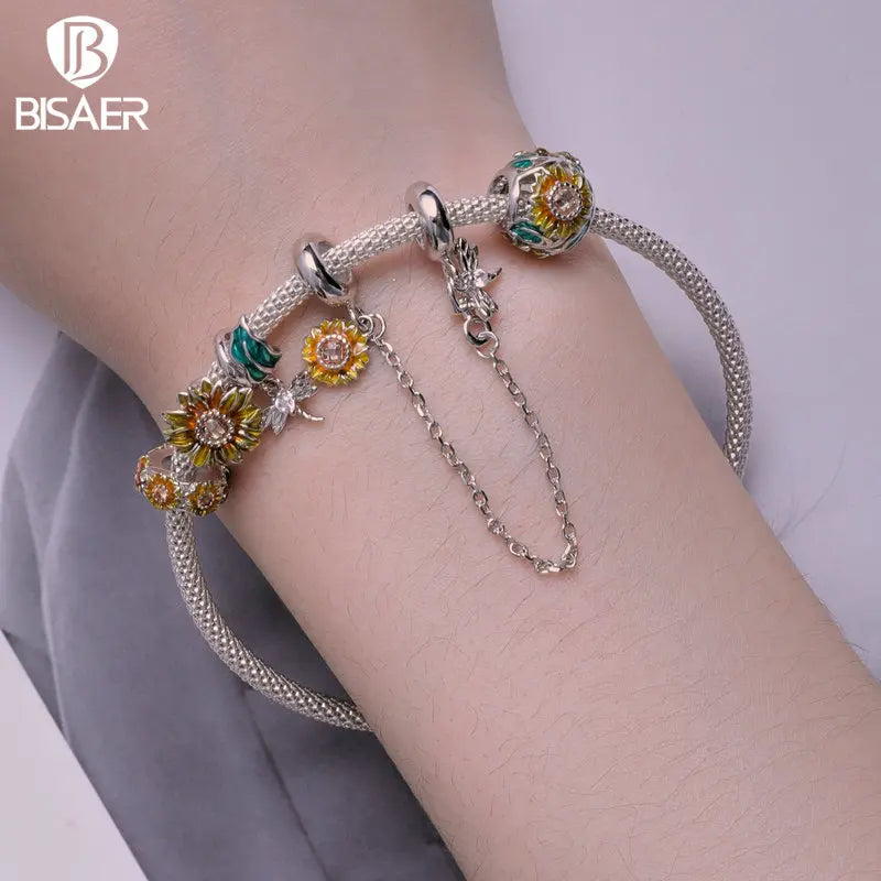 BISAER - Colgante de plata de ley 925 con forma de girasol y colgante de flor con forma de libélula, cadena de seguridad chapada en platino, pulsera elegante para mujer