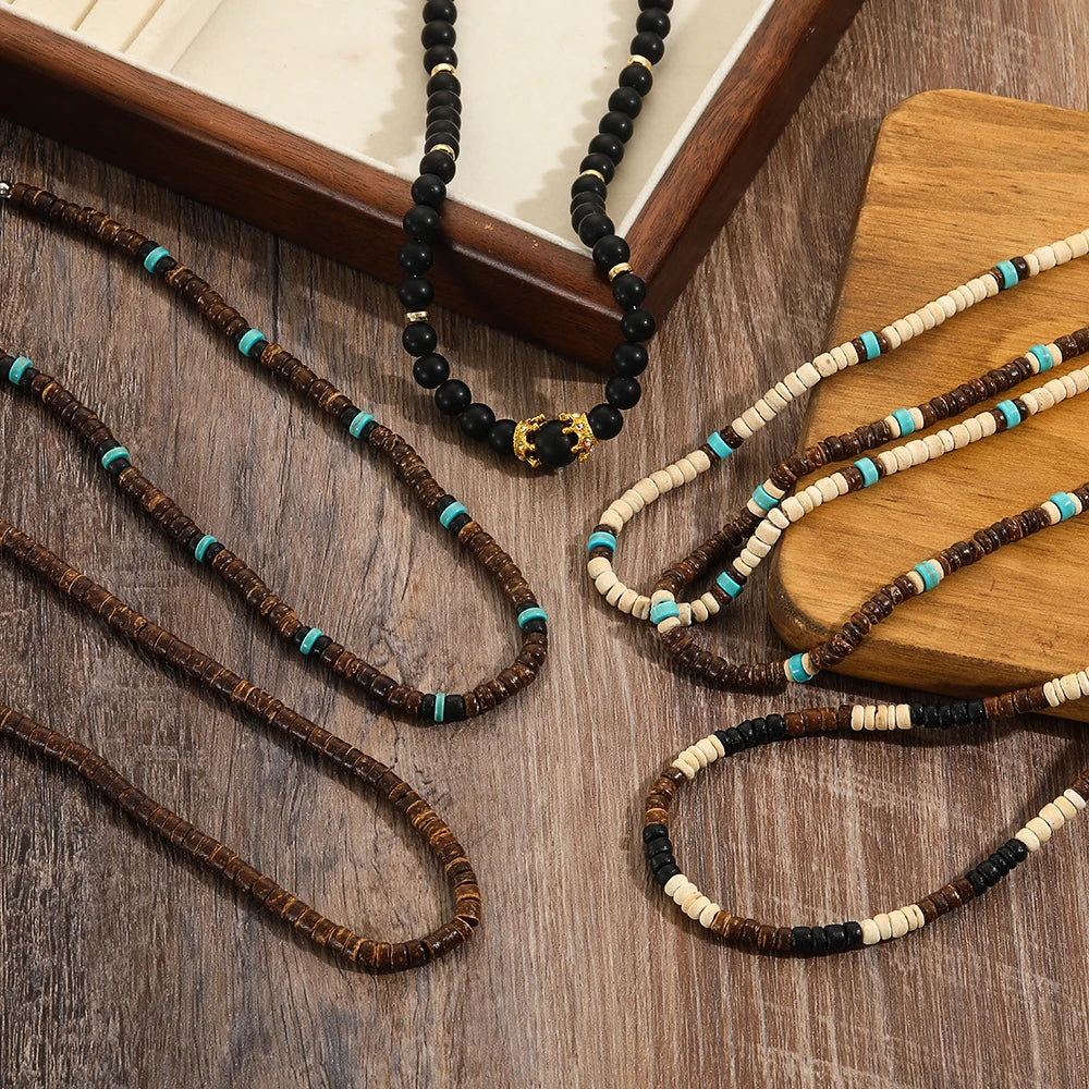 Men's African Necklace Vinatge Men Crown Charms Necklace Jewelry Surfer Necklace Gifts For Women Wooden Beach Choker Necklace