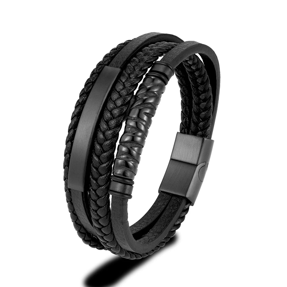 MKENDN Multilayer Stainless Steel Viking Leather Bracelets for Men Braided Bangles Punk Jewelry Homme Accessories