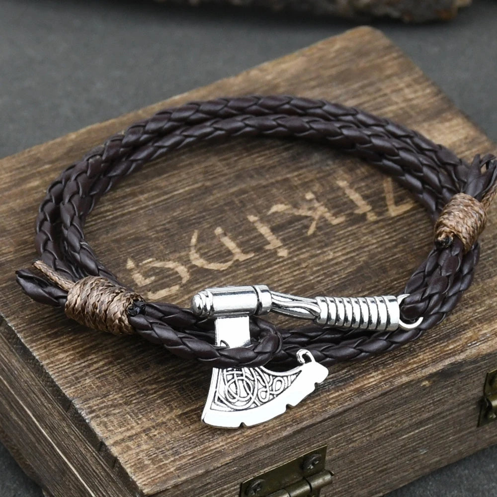 Mens Bracelet Slavic Perun Axe Wrap Viking Bracelets for Men Braided Multilayer Leather Accessories wolf Hatchet Bracelet