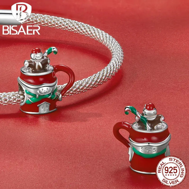 BISAER 925 Sterling Silver Christmas Cat Tree Charm Bead Snowman & Hot Cocoa Santa Claus Gift Fit Bracelet Necklace Fine Jewelry