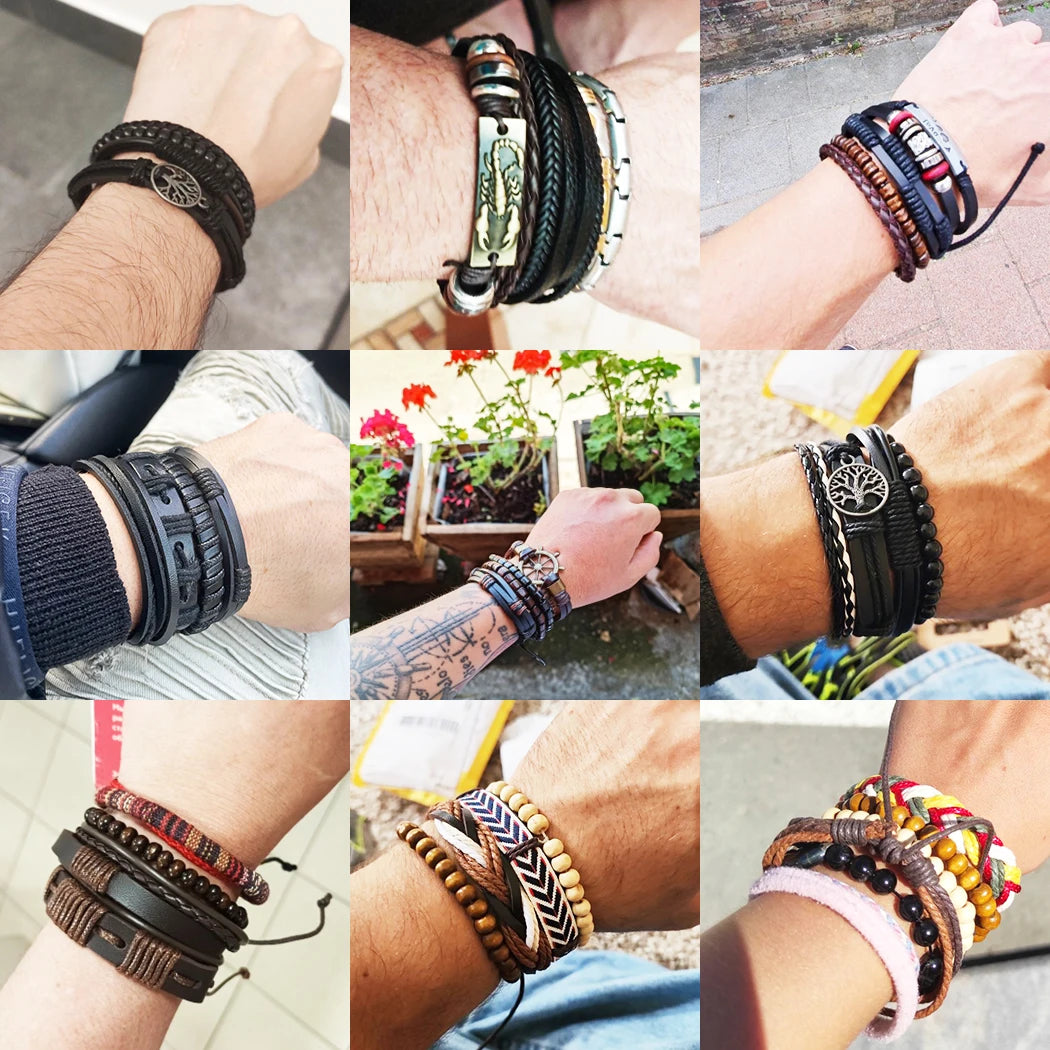 MeMolissa - Juego de 3 o 4 pulseras de cuero trenzado para hombre, estilo vintage, con forma de árbol de la vida, cuentas de madera, pulseras masculinas de moda