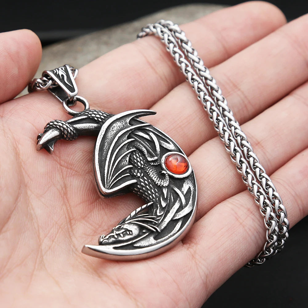 New Vintage Sleeping Dragon On Moon Pendant For Men Women Stainless Steel Natural Stones Necklace Fashion Party Jewelry Gifts