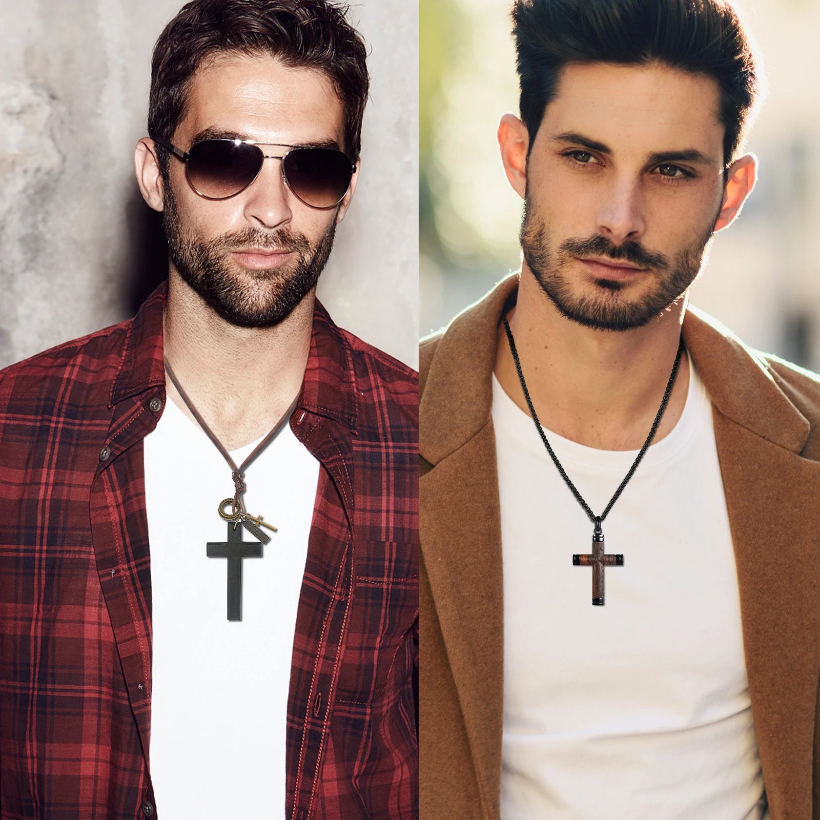 BONISKISS 2PC Vintage Wooden Stainless Steel Chain Cross Pendant Christianity Adjustable Leather Rope Necklace for Men and Women