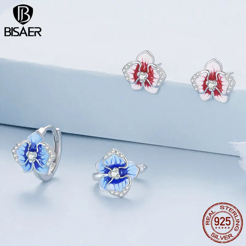 Boucles d'oreilles à tige en argent sterling 925 BISAER en forme d'orchidée papillon rose avec zircons scintillants pour femmes, bijoux fins originaux de luxe pour fête