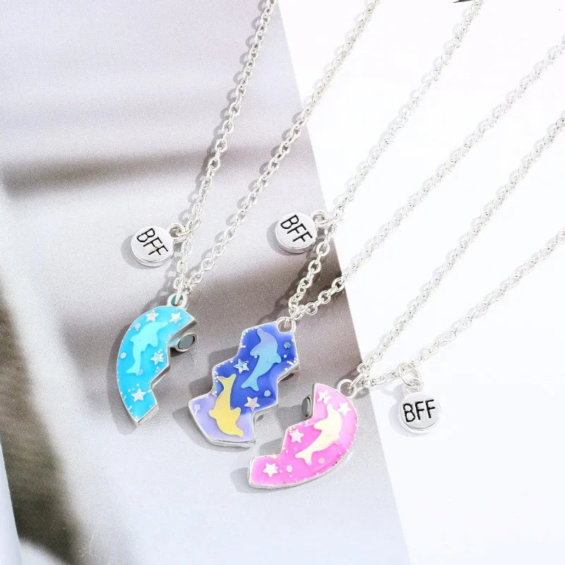 Friendship Best Friend Necklace for 3 Girls Magnetic Dolphine Matching Heart Pendant BFF Necklaces for Sister Animal Jewelry