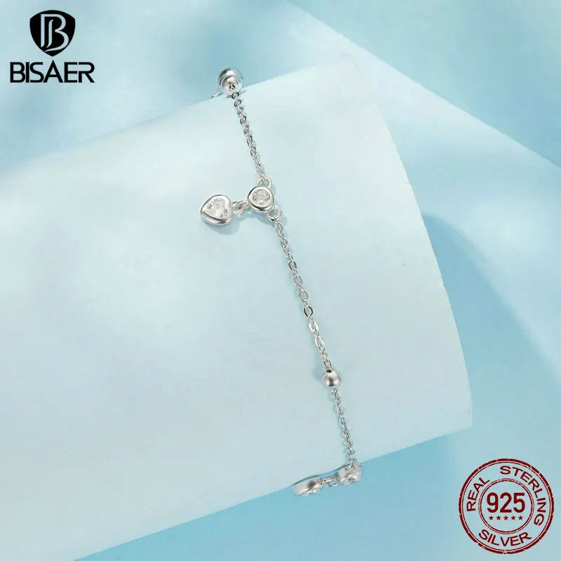 BISAER 925 Sterling Silver Heart Fringe Anklets Réglable Chain Anklets Plaqué Or Blanc Pour Femmes Fête Fine Jewelry Vacances