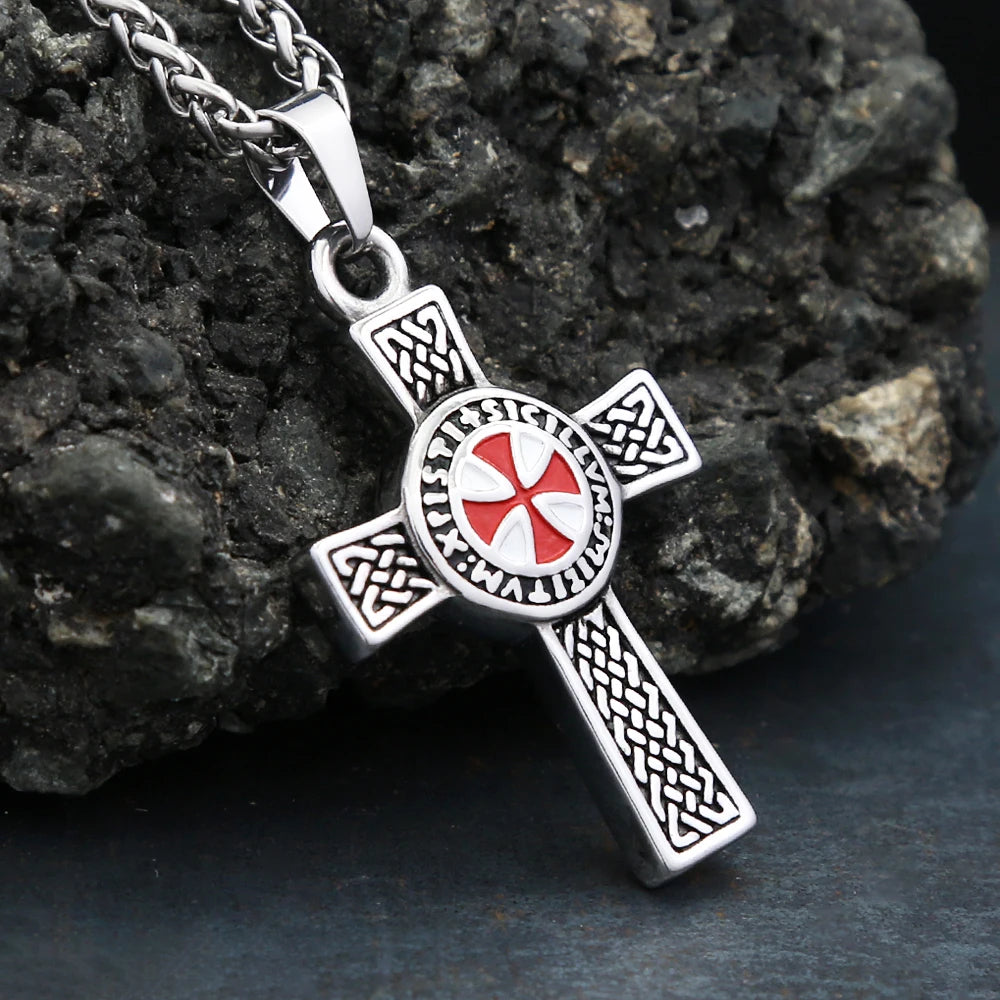 Vintage Punk 316L Stainless Steel Templar Red Knight Cross Pendant Necklaces For Men Boys Fashion Amulet Jewelry Gifts Wholesale