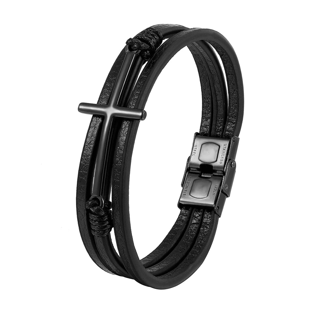 New Punk Stainless Steel Anchor Bracelets Genuine Leather Bracelet & Bangles for Men Bracelet Jewelry Black Color Fashion Gift