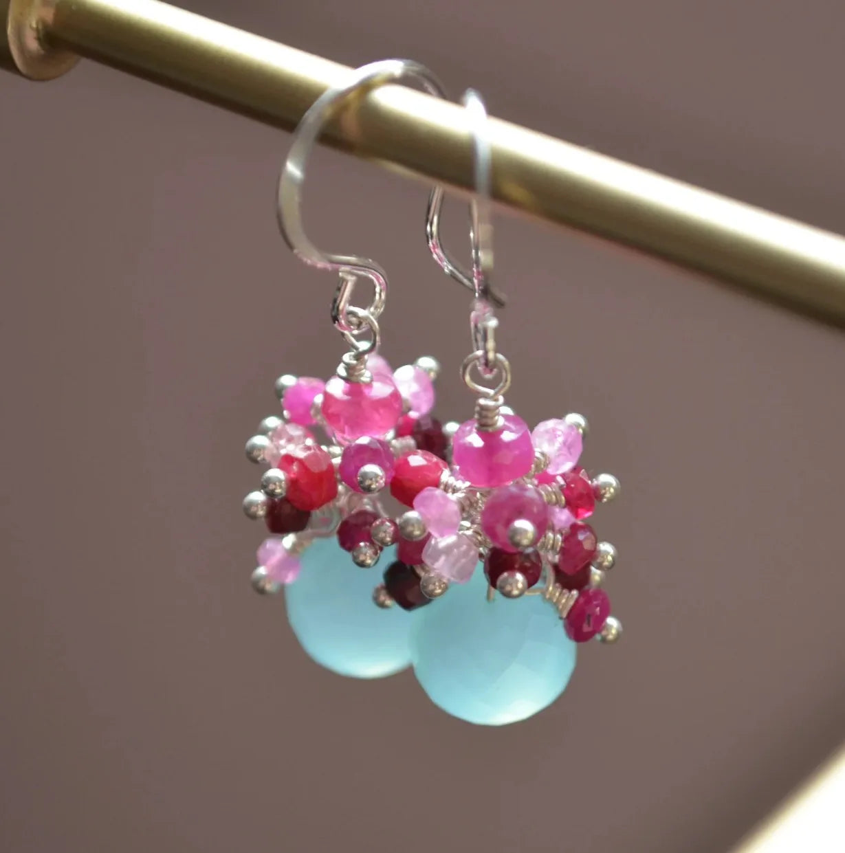 Genuine Ruby Earrings, Sterling Silver Jewelry, Real Chalcedony, Aqua Gemstones, Red and Pink, Cluster Ear Rings