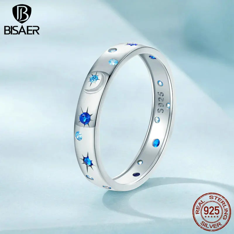 BISAER 100% 925 Sterling Silver Star And Moon Ring Bule Zircon Band Plated White Gold for Women Party Fine Jewelry Gift