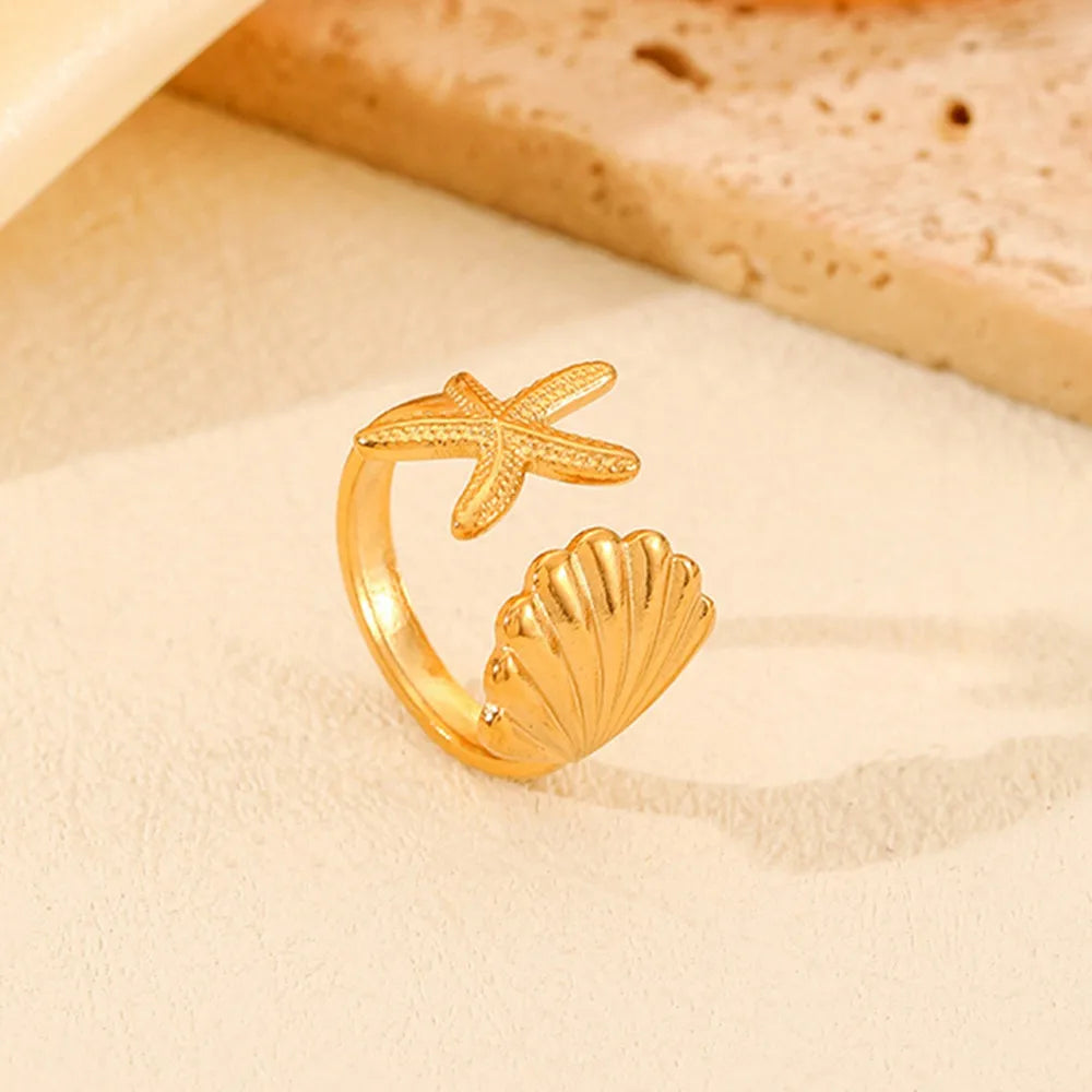 Fashion Starfish Shell Rings For Women Beach Jewelry Stainless Steel Adjustable Ring Souvenir Gift