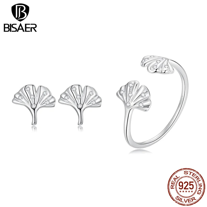 BISAER 100% 925 Sterling Silver Ginkgo Leaf Ring Plant Stud Earrings for Elegant Women Party Fine Jewelry Set Autumn Gift