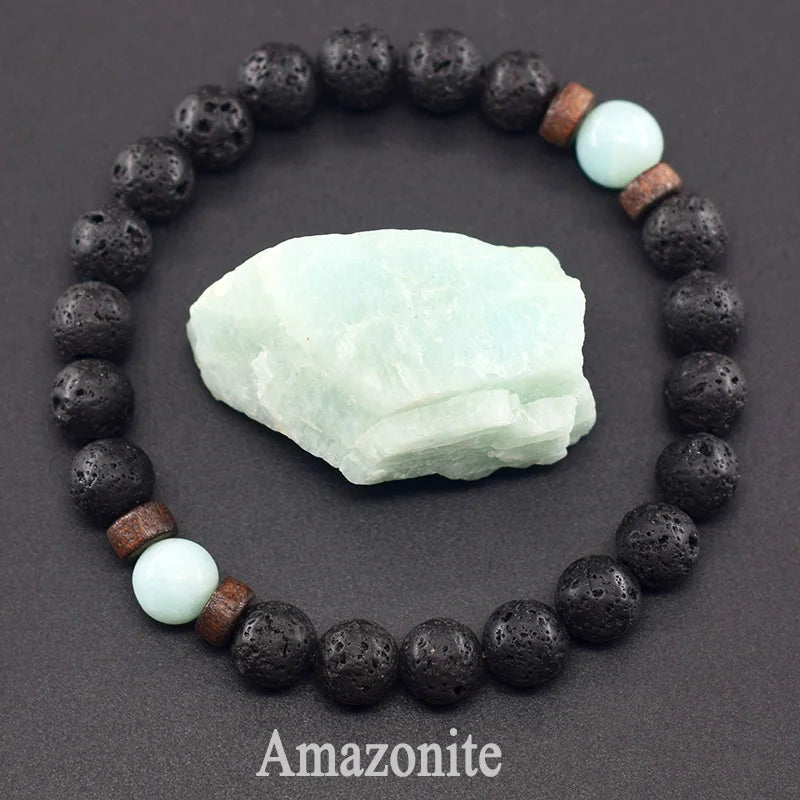 Natural Blue Sandstone Round Beads Bracelet Men Women Vintage Volcanic Stone Jewelry Relieve Anxiety Wristband Birthday Gift