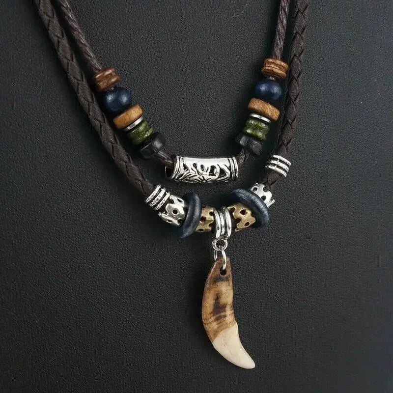 Goth Multi-layer Vintage Wolf Tooth Pendant Leather Beaded Necklace