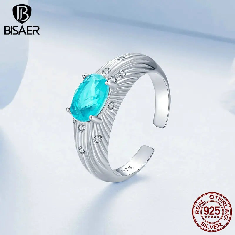 BISAER 925 Sterling Silber Metall Textur Offener Ring Grün Zirkon Band Einstellbar Vergoldet Weiß Gold für Frauen Party Edlen Schmuck