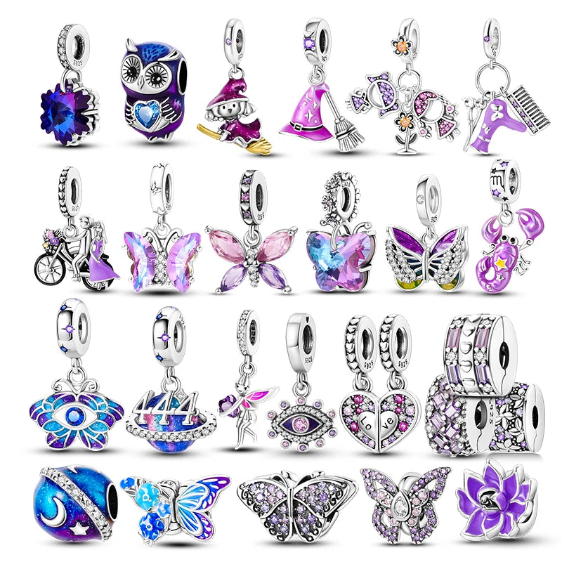 Lila Serie Blume Schmetterling Charms Baumeln Perlen Fit Original Pandora Armband 925 Silber DIY Schmuck Geschenk