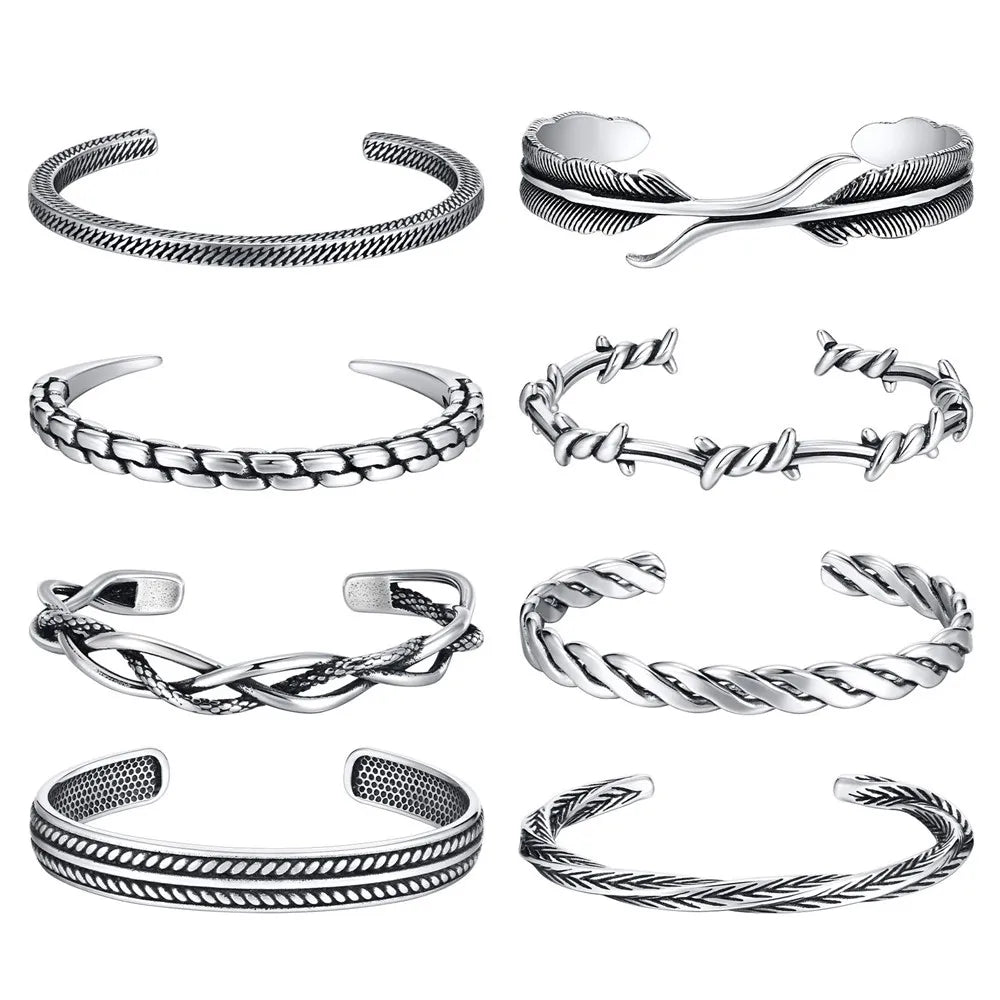 MKENDN Personality Vintage Feather Thorns Twist Silver Color Open Cuff Bracelet for Men Stainless Steel Adjustable Bangle Gifts