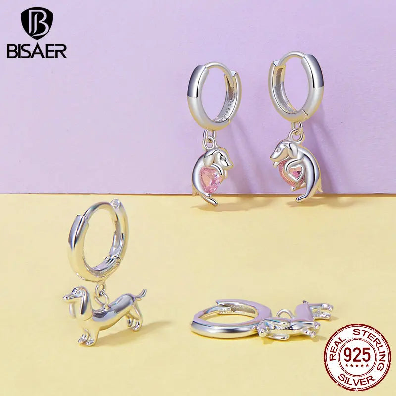 BISAER 925 Sterling Silver Cute Dachshund Ear Buckles Dog Pet Hoop Earrings Platinum Plated for Women Party Fine Jewelry ECE1677