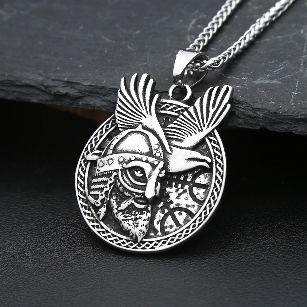 Vintage Nordic Vikings Warrior Horns Helmet Pendant With Odin's Raven Necklace For Man Stainless Steel Amulet Jewelry Wholesale