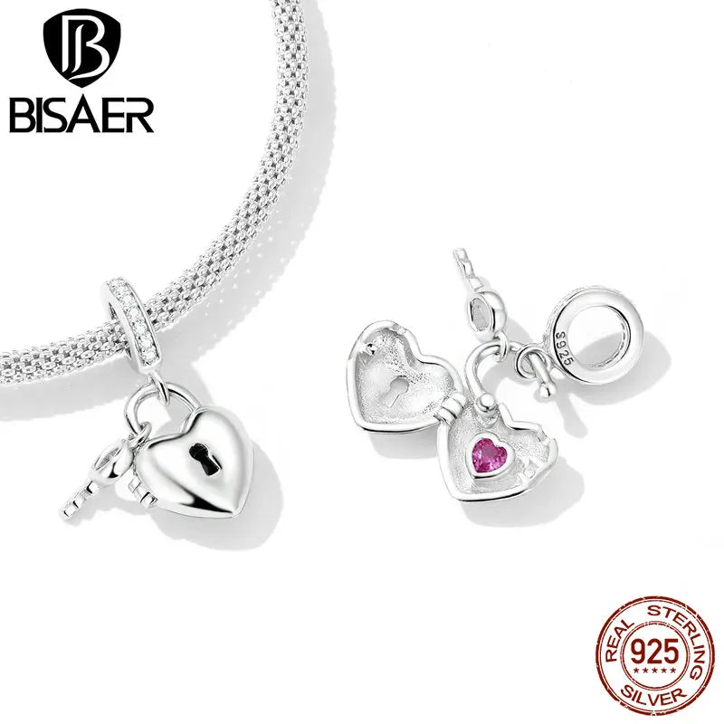 BISAER 925 Sterling Open Heart Lock Charm Bead Plated Platinum Pendant Fit DIY Bracelet Jewelry Valentine's Day Birthday Gift