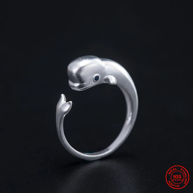 MKENDN Ocean Style 925 Sterling Silver Cute Beluga Ring Fashion Personality Stereoscopic Opening Adjustable Jewelry For Men Girl