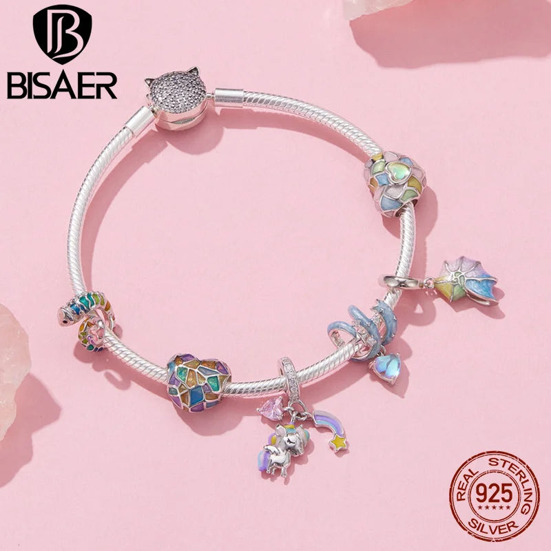 BISAER - Colgante de plata de ley 925 con forma de corazón de arcoíris y camaleón, diseño de unicornio, para mujer, pulsera artesanal, joyería fina, ECC2708