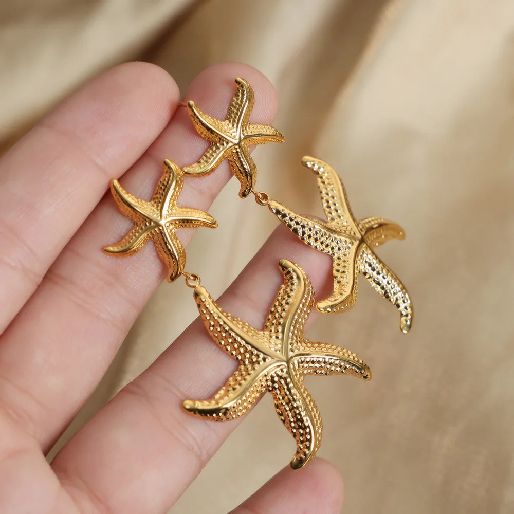 INS Trend 18K Gold Plated Stainless Steel Starfish Drop Dangle Statement Stud Earrings for Women Holiday Beach Jewelry